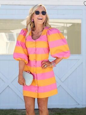 Avara Pink & Orange Striped Puff-Sleeve Mini Dress Cotton